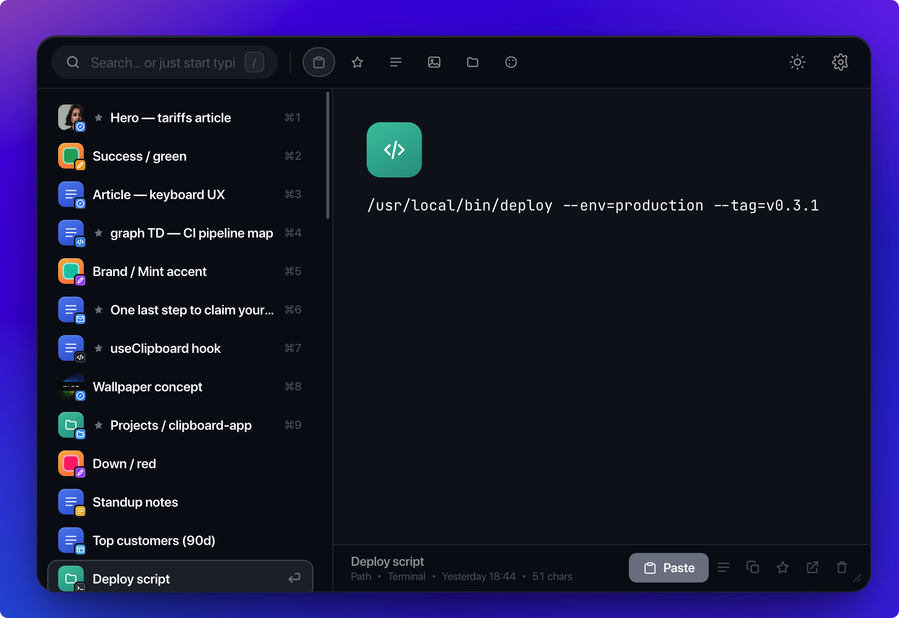 Kopit clipboard panel showing searchable history and a preview pane